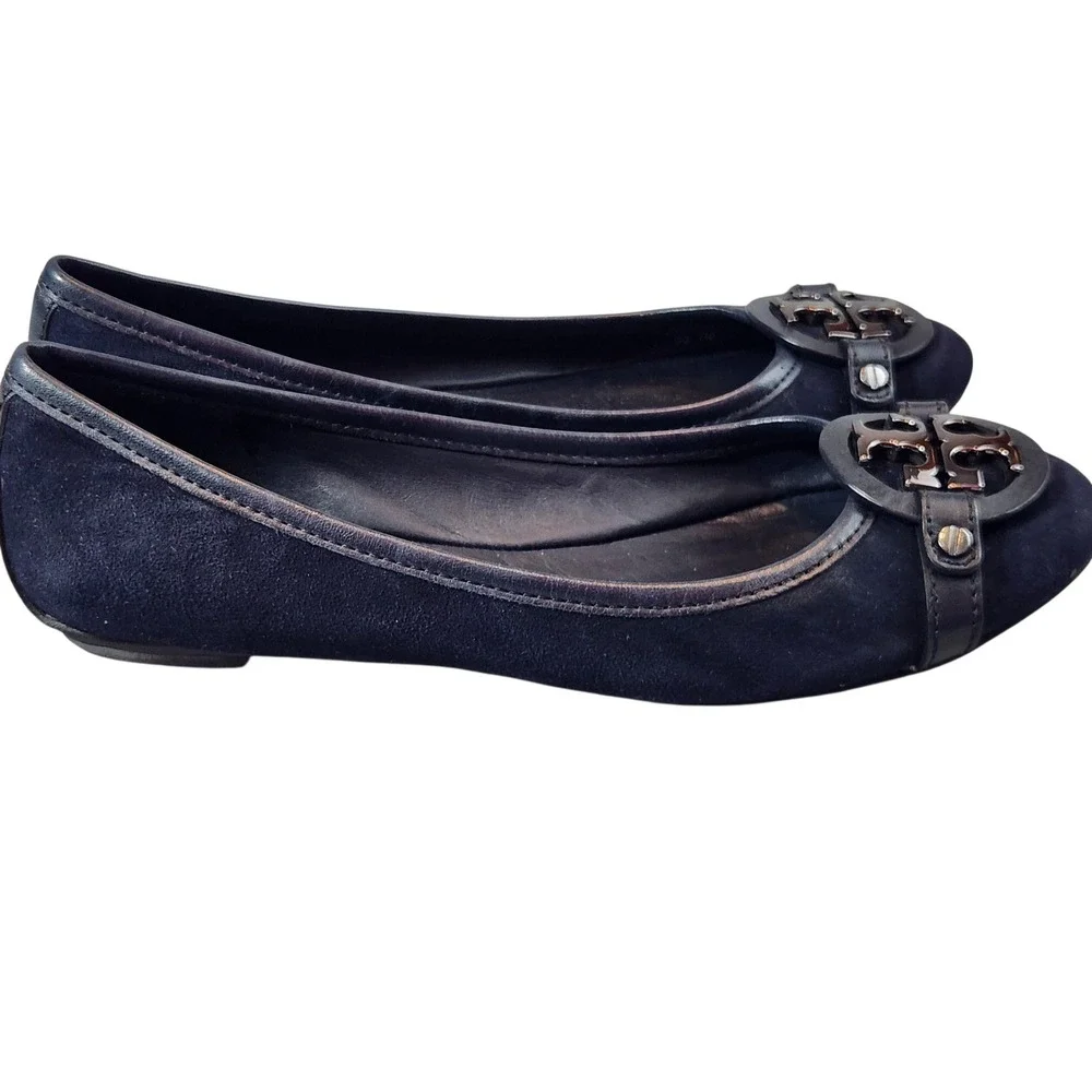 Tory Burch Reva Ballet Flats Womens 7M Navy Blue Suede Logo Medallion